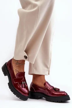 Lakierowane Półbuty Loafersy Z Frędzlami Bordowe Velenase