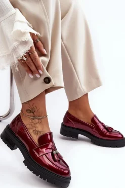 Lakierowane Półbuty Loafersy Z Frędzlami Bordowe Velenase