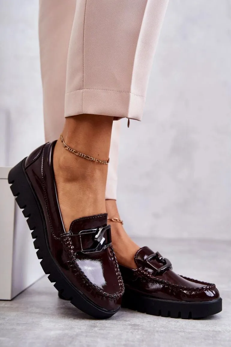 Lakierowane Półbuty Loafery Na Platformie Bordowe Kjersti