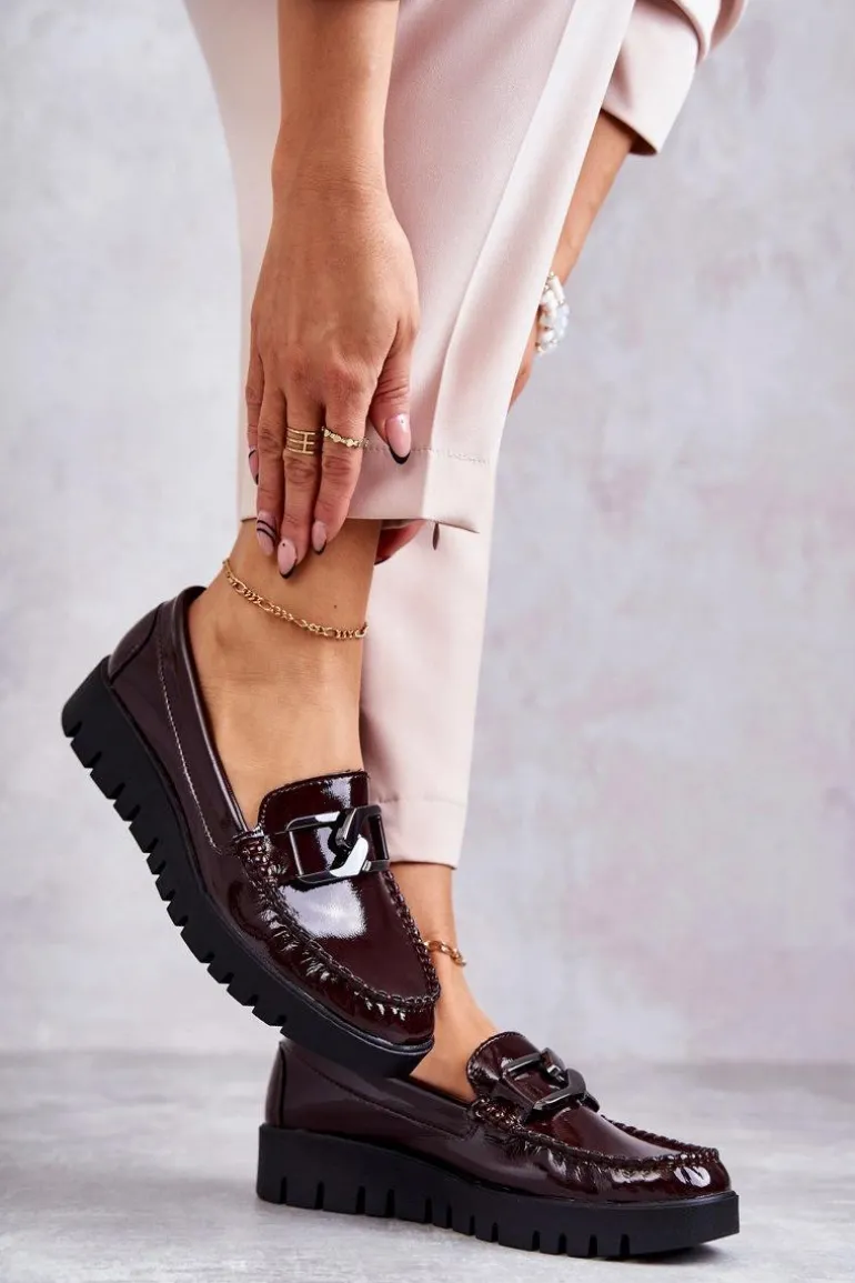 Lakierowane Półbuty Loafery Na Platformie Bordowe Kjersti