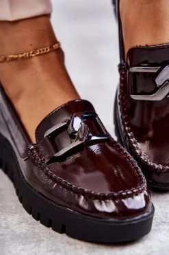 Lakierowane Półbuty Loafery Na Platformie Bordowe Kjersti