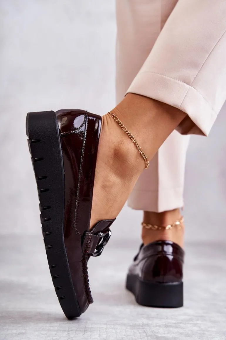 Lakierowane Półbuty Loafery Na Platformie Bordowe Kjersti