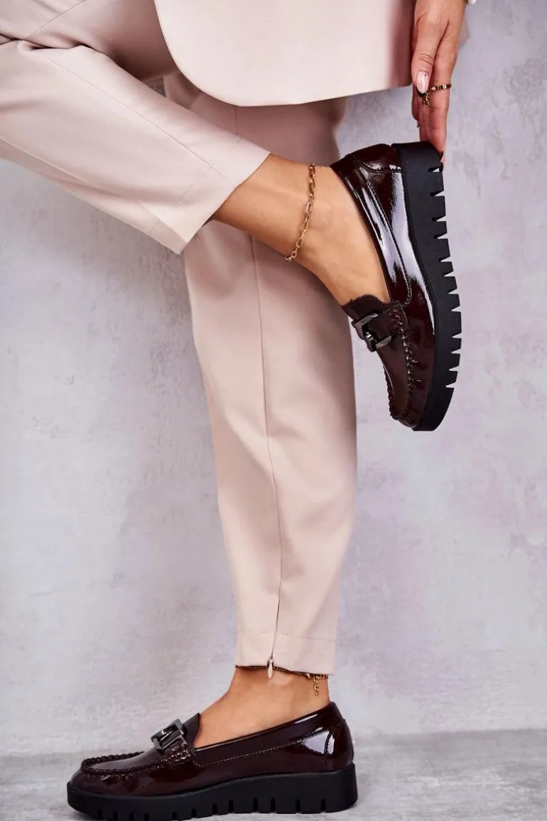 Lakierowane Półbuty Loafery Na Platformie Bordowe Kjersti