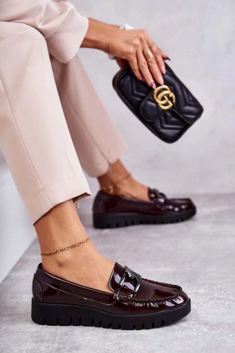 Lakierowane Półbuty Loafery Na Platformie Bordowe Kjersti