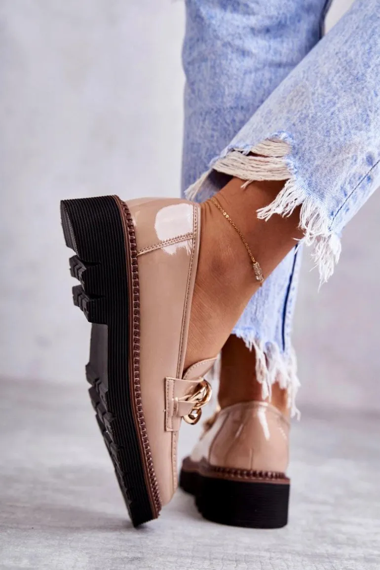 Lakierowane Półbuty Loafery Na Platformie Beżowe Reidun