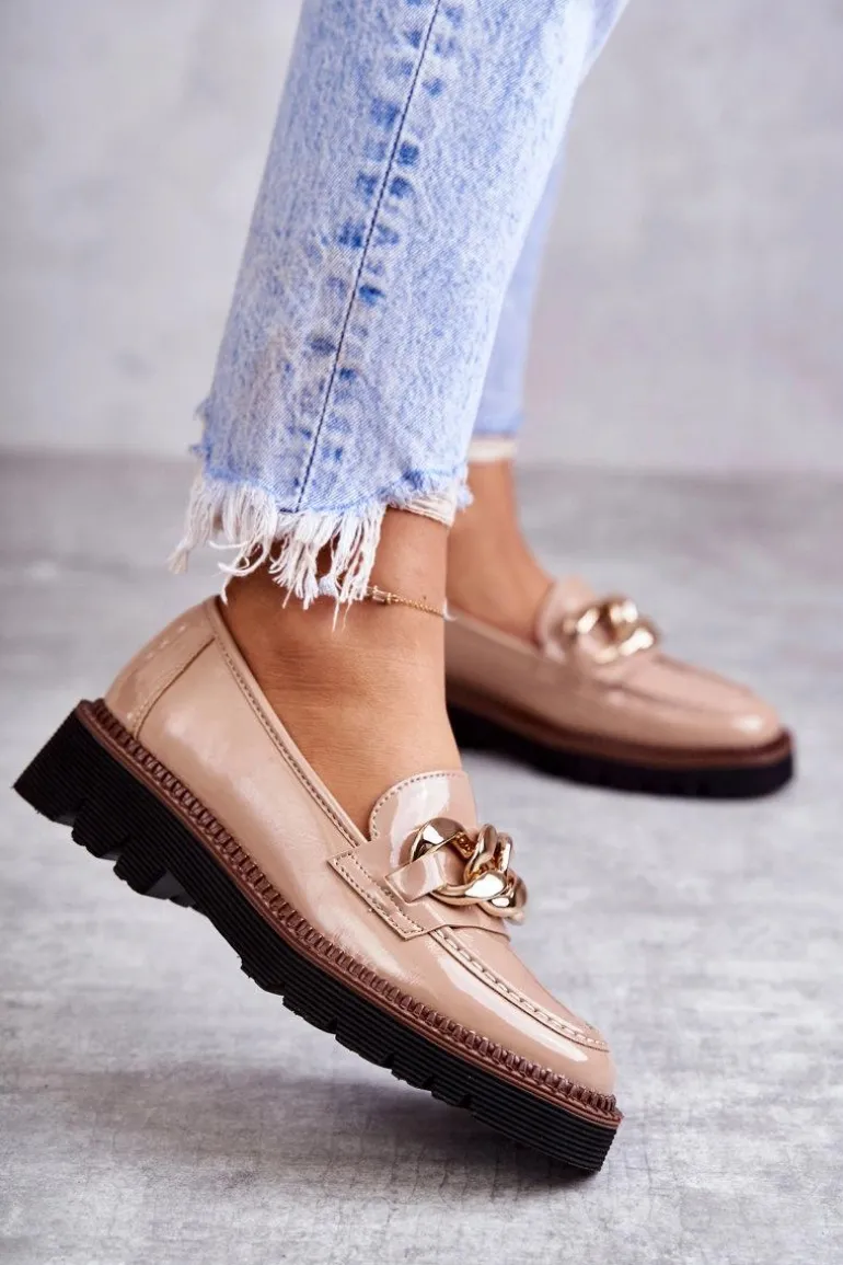 Lakierowane Półbuty Loafery Na Platformie Beżowe Reidun