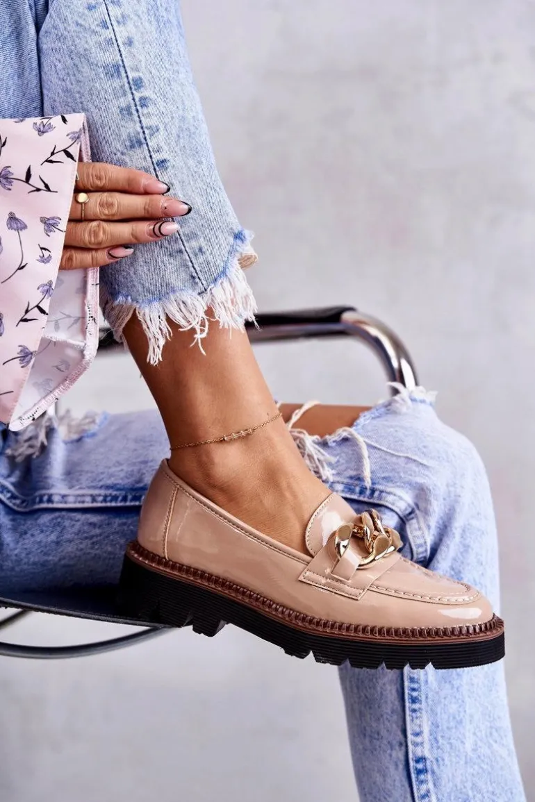 Lakierowane Półbuty Loafery Na Platformie Beżowe Reidun