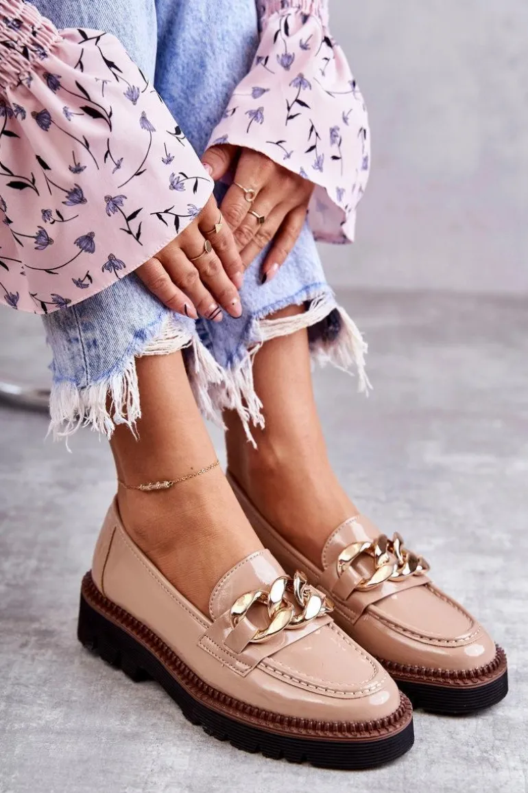 Lakierowane Półbuty Loafery Na Platformie Beżowe Reidun