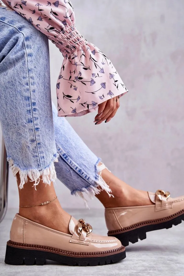 Lakierowane Półbuty Loafery Na Platformie Beżowe Reidun