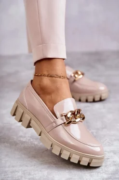 Lakierowane Półbuty Loafery Na Platformie Beżowe Inger