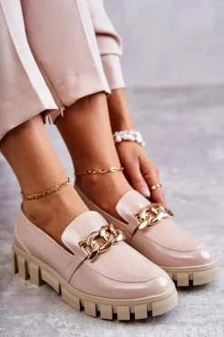 Lakierowane Półbuty Loafery Na Platformie Beżowe Inger