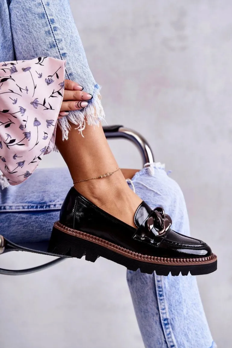 Lakierowane Półbuty Loafery Na Platformie Czarne Reidun