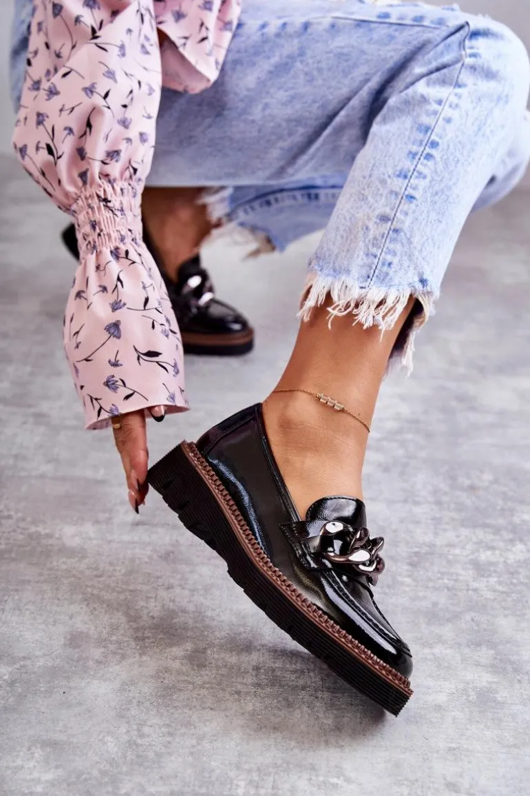 Lakierowane Półbuty Loafery Na Platformie Czarne Reidun