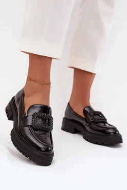 Lakierowane Półbuty Mokasyny Damskie Z Ozdobną Klamrą Czarne Luvianne