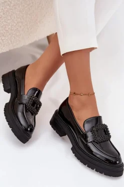 Lakierowane Półbuty Mokasyny Damskie Z Ozdobną Klamrą Czarne Luvianne