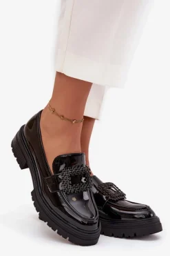 Lakierowane Półbuty Mokasyny Damskie Z Ozdobną Klamrą Czarne Luvianne