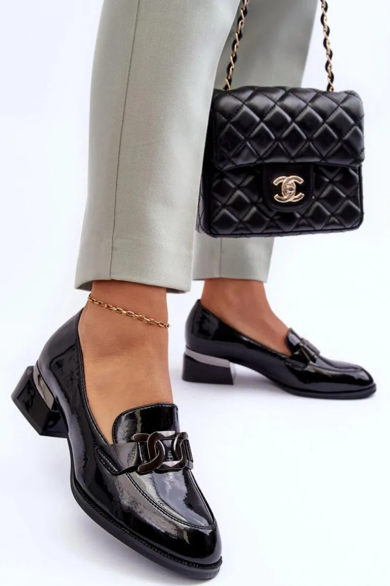 Lakierowane Półbuty Mokasyny Na Obcasie Czarne Sakina