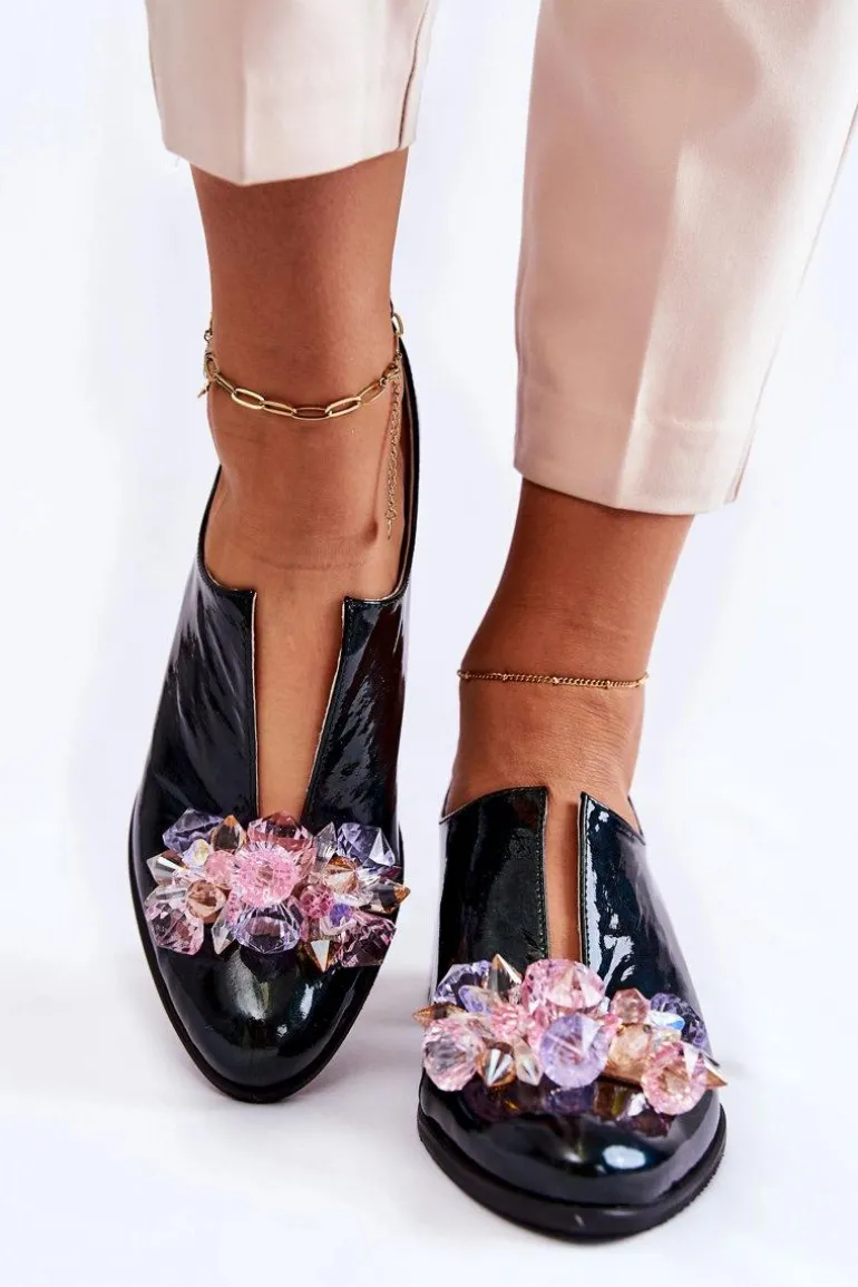 Lakierowane Półbuty Mozaika Z Transparentną Ozdobą Zielone Delaver