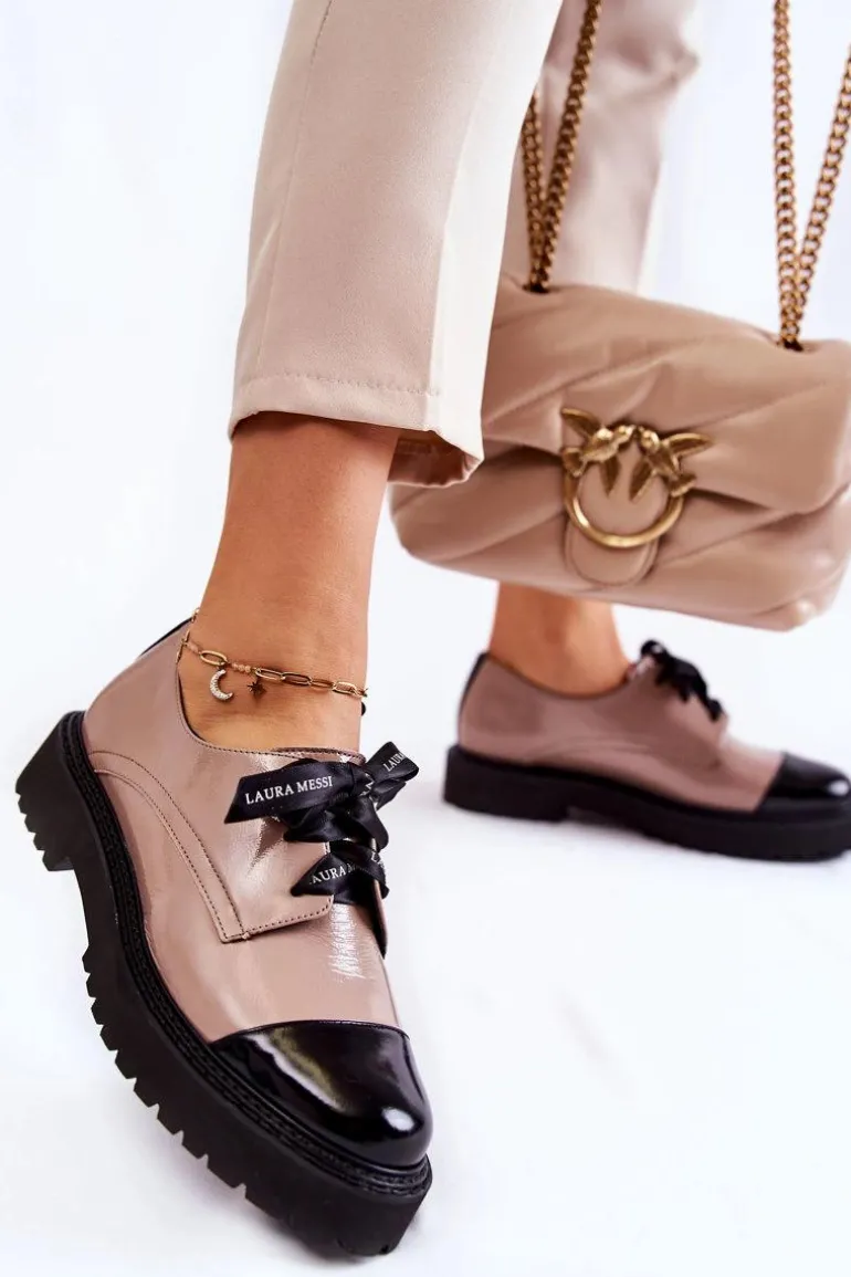 Lakierowane Półbuty Wiązane Laura Messi 2441 Beżowe