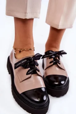 Lakierowane Półbuty Wiązane Laura Messi 2441 Beżowe