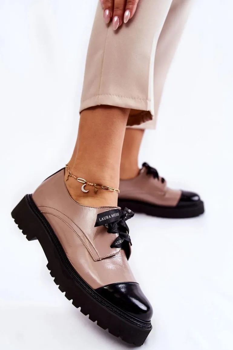 Lakierowane Półbuty Wiązane Laura Messi 2441 Beżowe