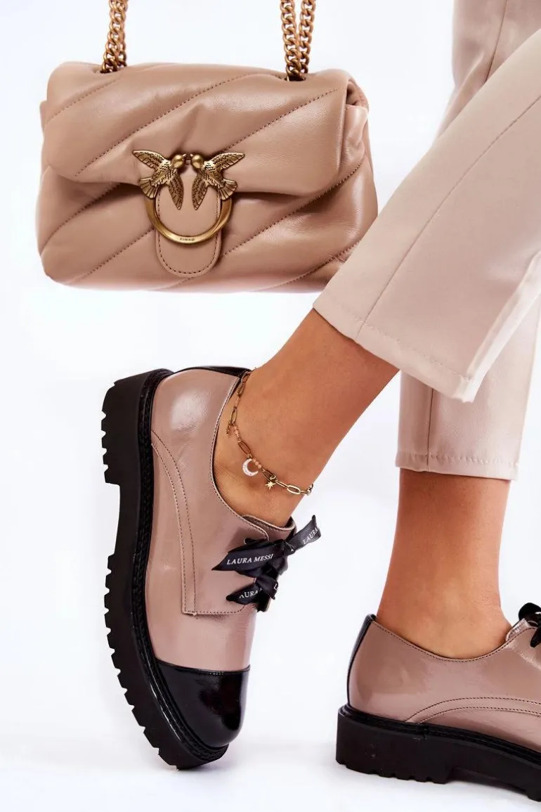 Lakierowane Półbuty Wiązane Laura Messi 2441 Beżowe