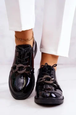 Lakierowane Półbuty Wiązane Z Ozdobą Czarne Larosa