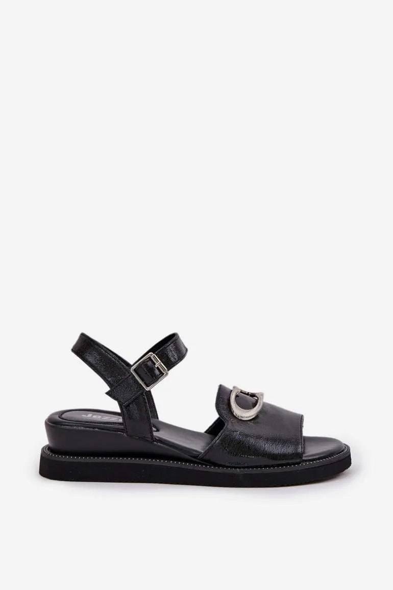 Lakierowane Sandały Damskie Na Koturnie Z Ozdobą Czarne Salianes