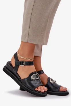 Lakierowane Sandały Damskie Na Koturnie Z Ozdobą Czarne Salianes