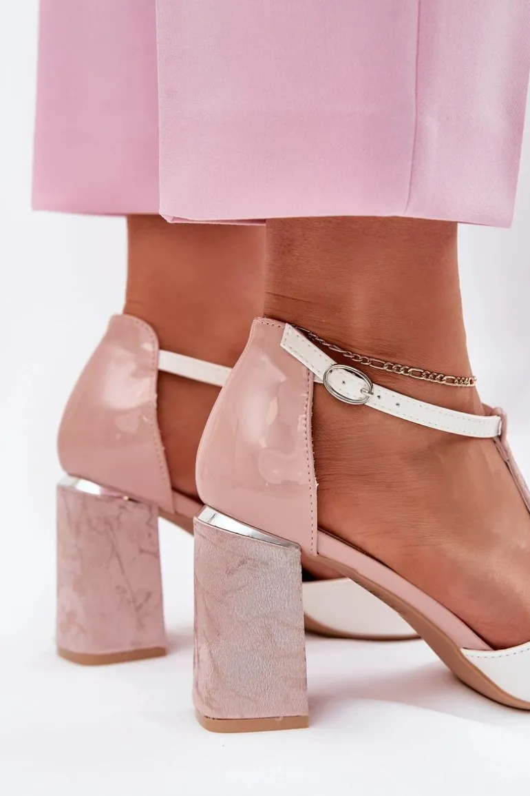 Lakierowane Sandały Damskie Na Słupku Vinceza 20276 Różowo-Białe