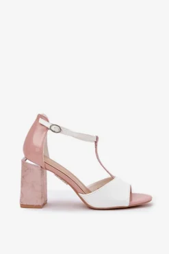 Lakierowane Sandały Damskie Na Słupku Vinceza 20276 Różowo-Białe