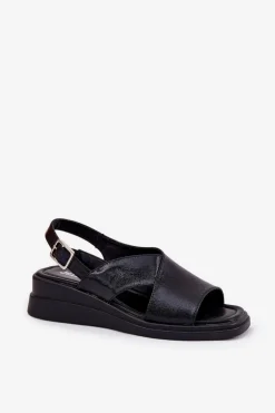 Lakierowane Sandały Damskie Na Koturnie Z Eko Skóry Czarne Quilara