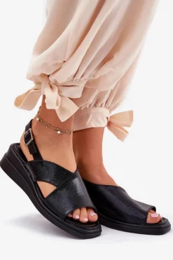 Lakierowane Sandały Damskie Na Koturnie Z Eko Skóry Czarne Quilara