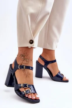 Lakierowane Sandały Na Obcasie S.Barski 80-3 Granatowe