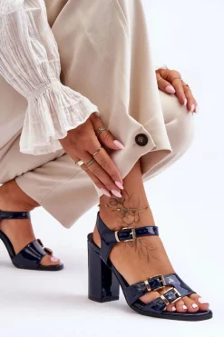 Lakierowane Sandały Na Obcasie S.Barski 80-3 Granatowe