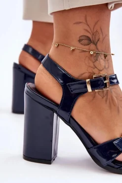 Lakierowane Sandały Na Obcasie S.Barski 80-3 Granatowe