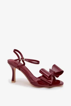 Lakierowane Sandały Na Szpilce Z Kokardą Bordowe Noliva