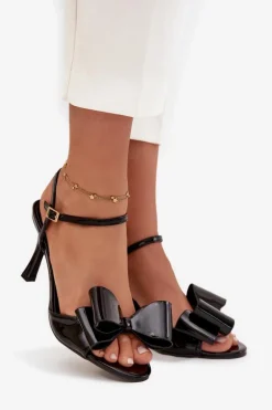 Lakierowane Sandały Na Szpilce Z Kokardą Czarne Noliva