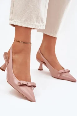 Lakierowane Sandały Na Szpilce Z Kokardką Nude Naylna