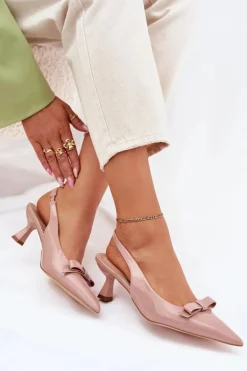 Lakierowane Sandały Na Szpilce Z Kokardką Nude Naylna