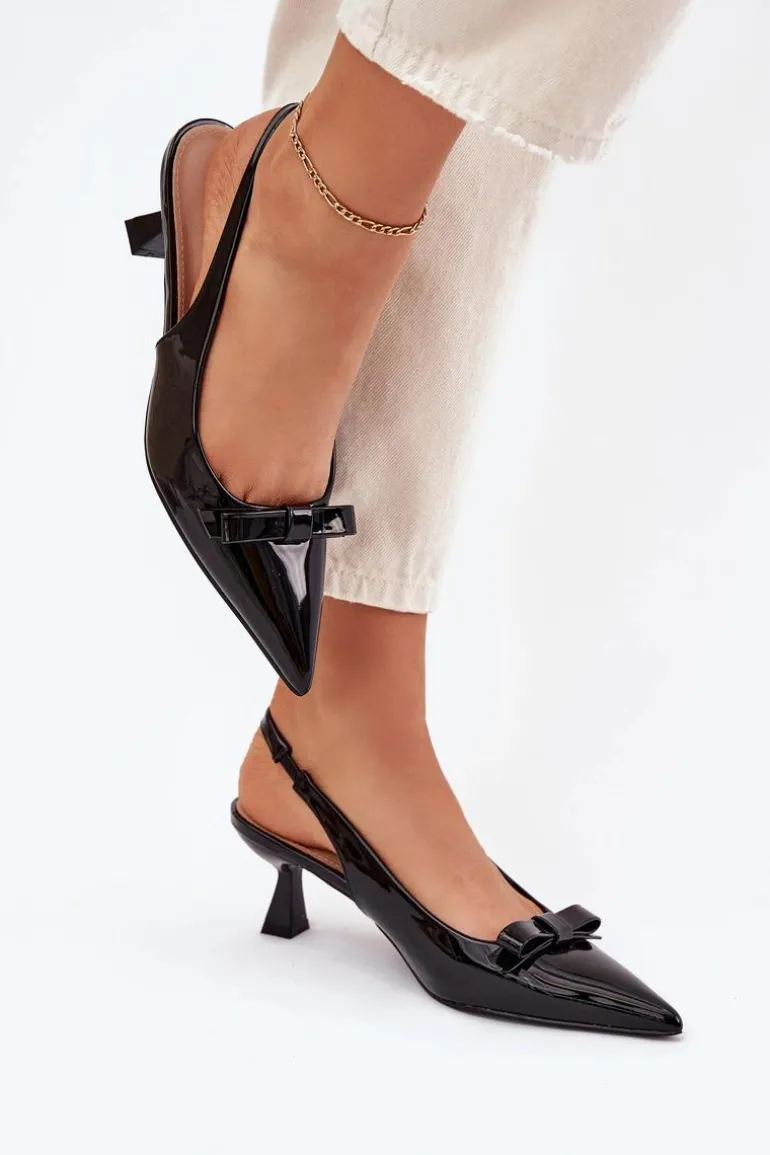 Lakierowane Sandały Na Szpilce Z Kokardką Czarne Naylna