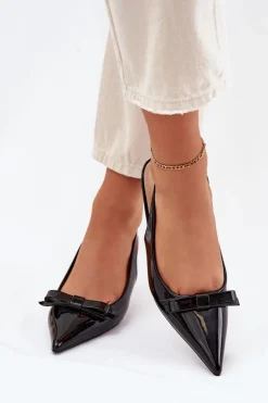 Lakierowane Sandały Na Szpilce Z Kokardką Czarne Naylna