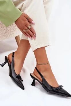 Lakierowane Sandały Na Szpilce Z Kokardką Czarne Naylna
