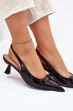 Lakierowane Sandały Na Szpilce Z Kokardką Czarne Naylna