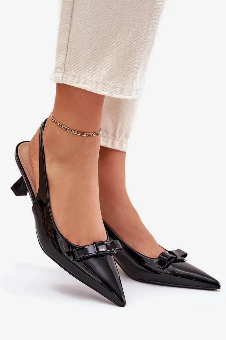 Lakierowane Sandały Na Szpilce Z Kokardką Czarne Naylna