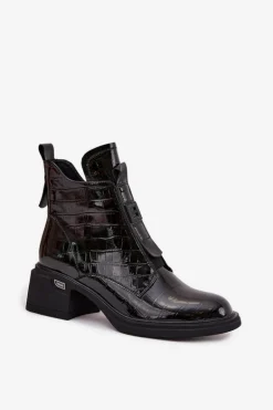 Lakierowane Skórzane Botki Damskie Z Tłoczeniem Na Klocku Czarne Lorenza