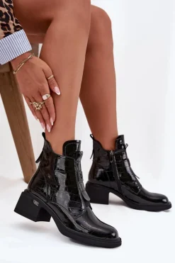 Lakierowane Skórzane Botki Damskie Z Tłoczeniem Na Klocku Czarne Lorenza