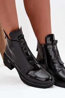 Lakierowane Skórzane Botki Damskie Z Tłoczeniem Na Klocku Czarne Lorenza