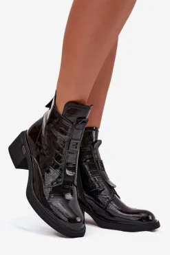 Lakierowane Skórzane Botki Damskie Z Tłoczeniem Na Klocku Czarne Lorenza