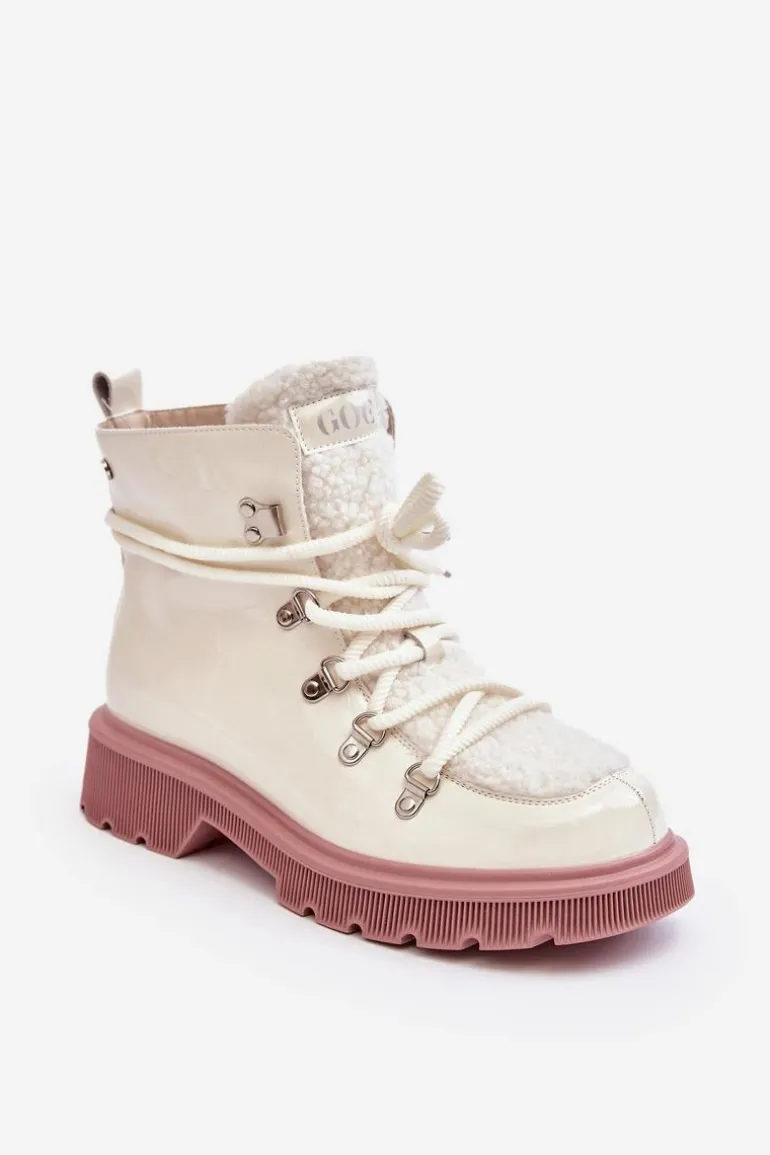 Lakierowane Skórzane Botki Trapery Damskie GOE MM2N4083 Białe